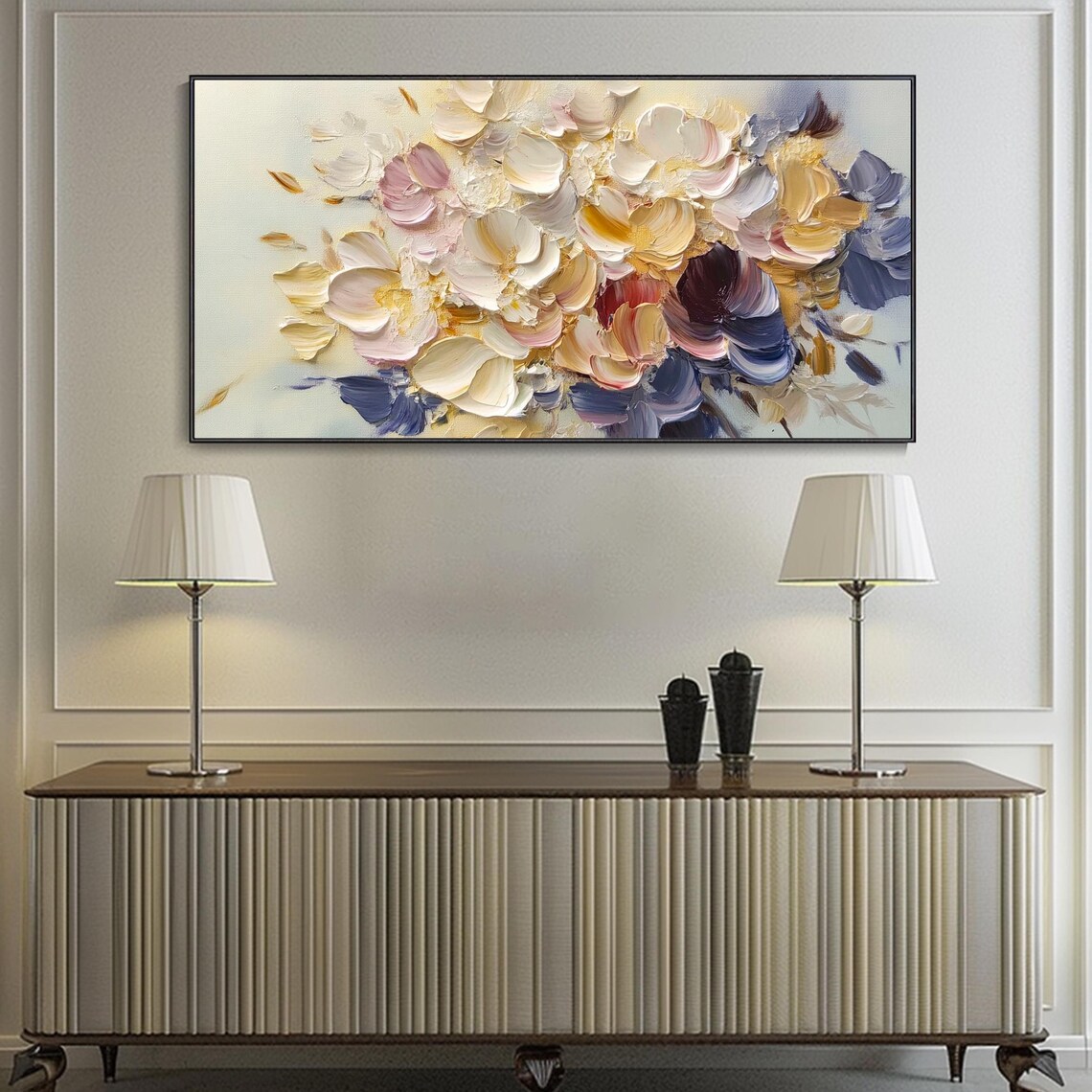 Cream Gold And Blue Abstract Floral Heavy Impasto Painting Poster - Image 2