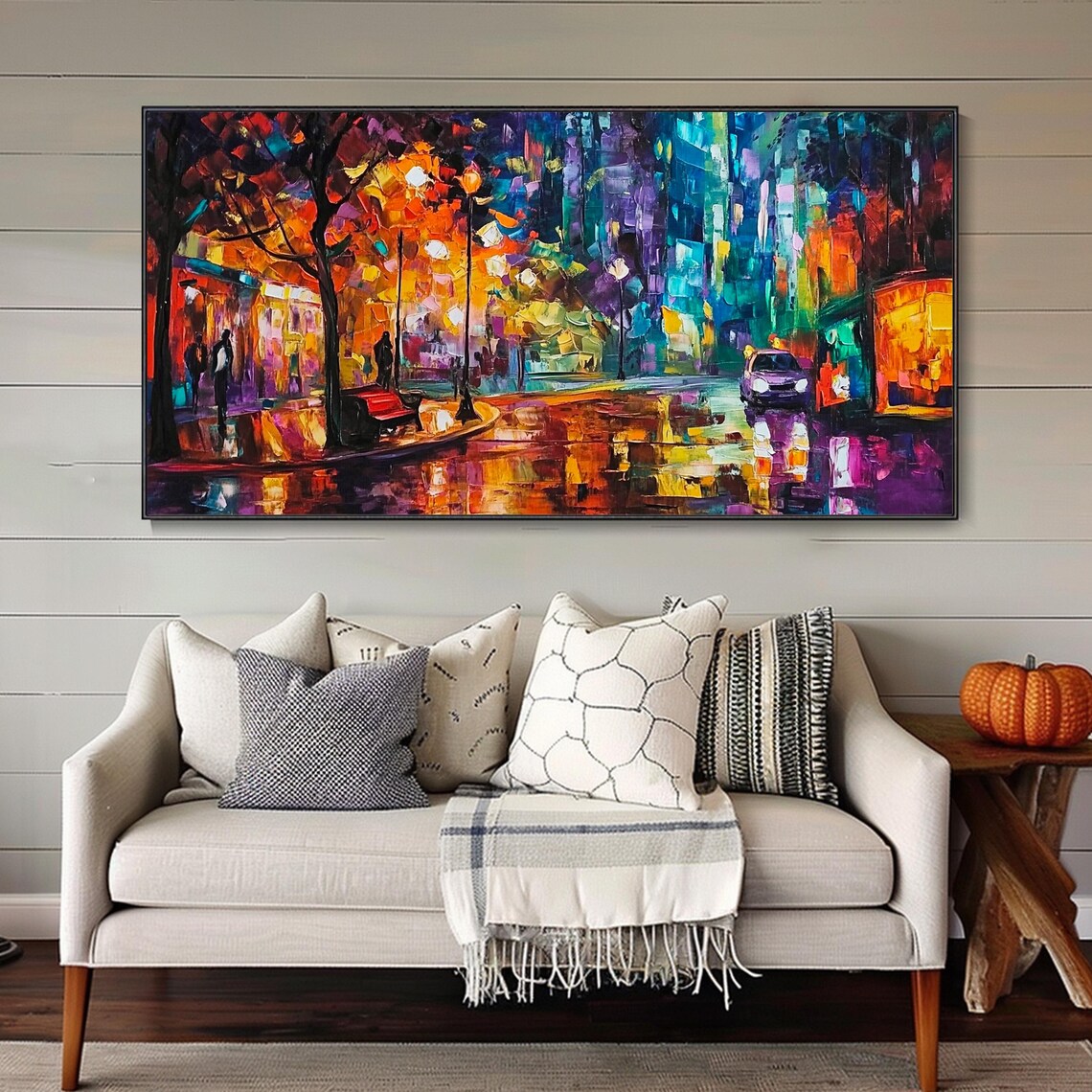 Rainy Night City Street Neon Reflections Urban Painting Poster - Image 2