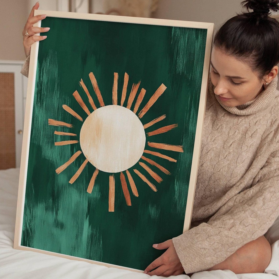 Abstract Sunburst Gold Rays Emerald Green Nursery Art Poster