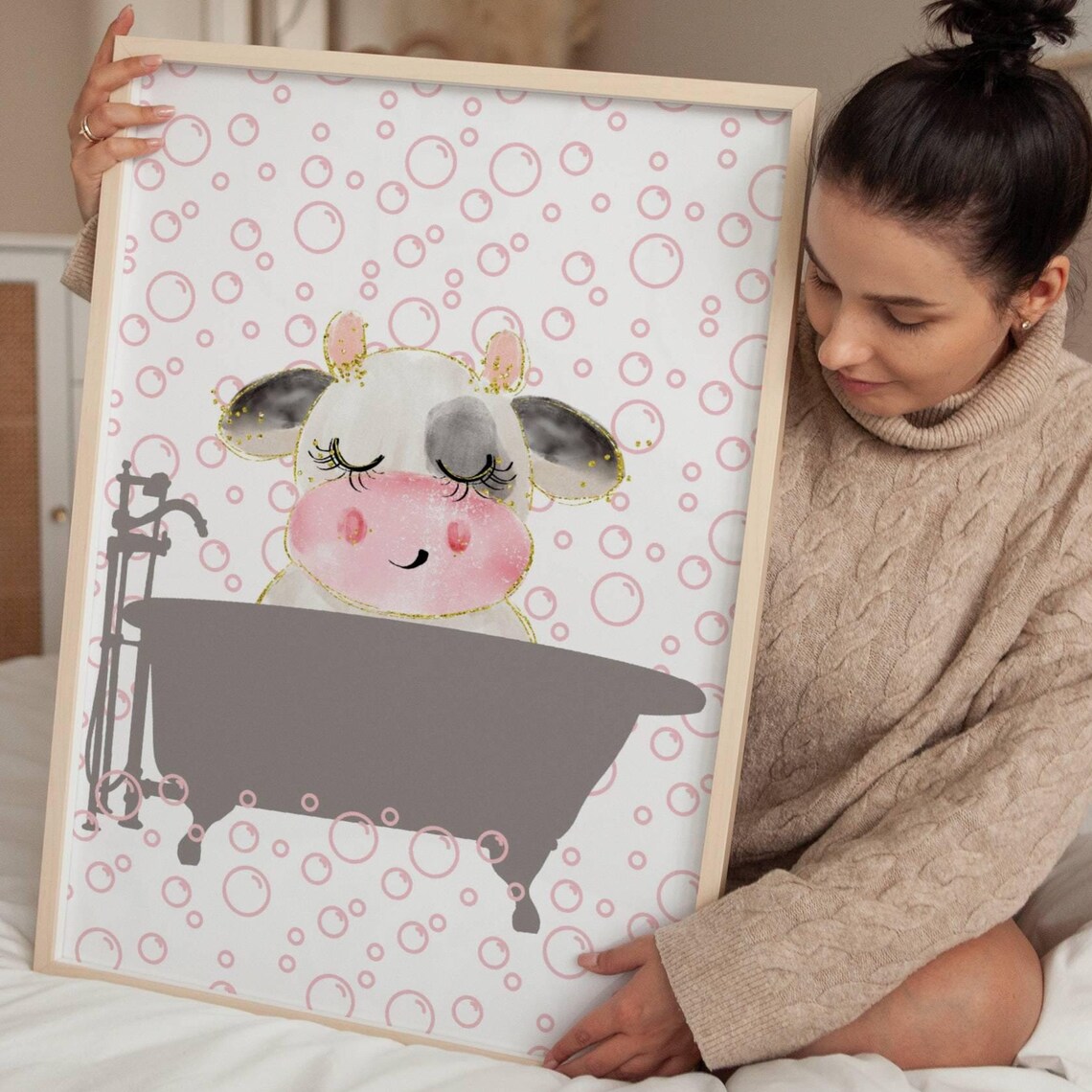 Cute Cow In Bathtub Pink Bubbles Watercolor Funny Bathroom Poster