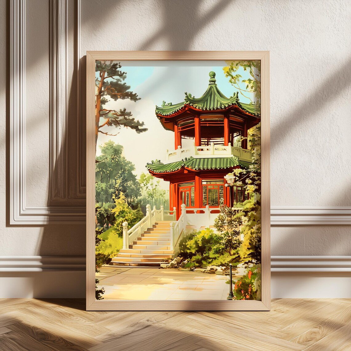 Chinese Temple Pagoda Garden Print With Red Pavilion Painting