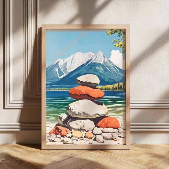 Rock Balancing Art Stacked Stones Print Mountain Lake Illustration Peaceful Nature Meditation Wall Boho Minimalist