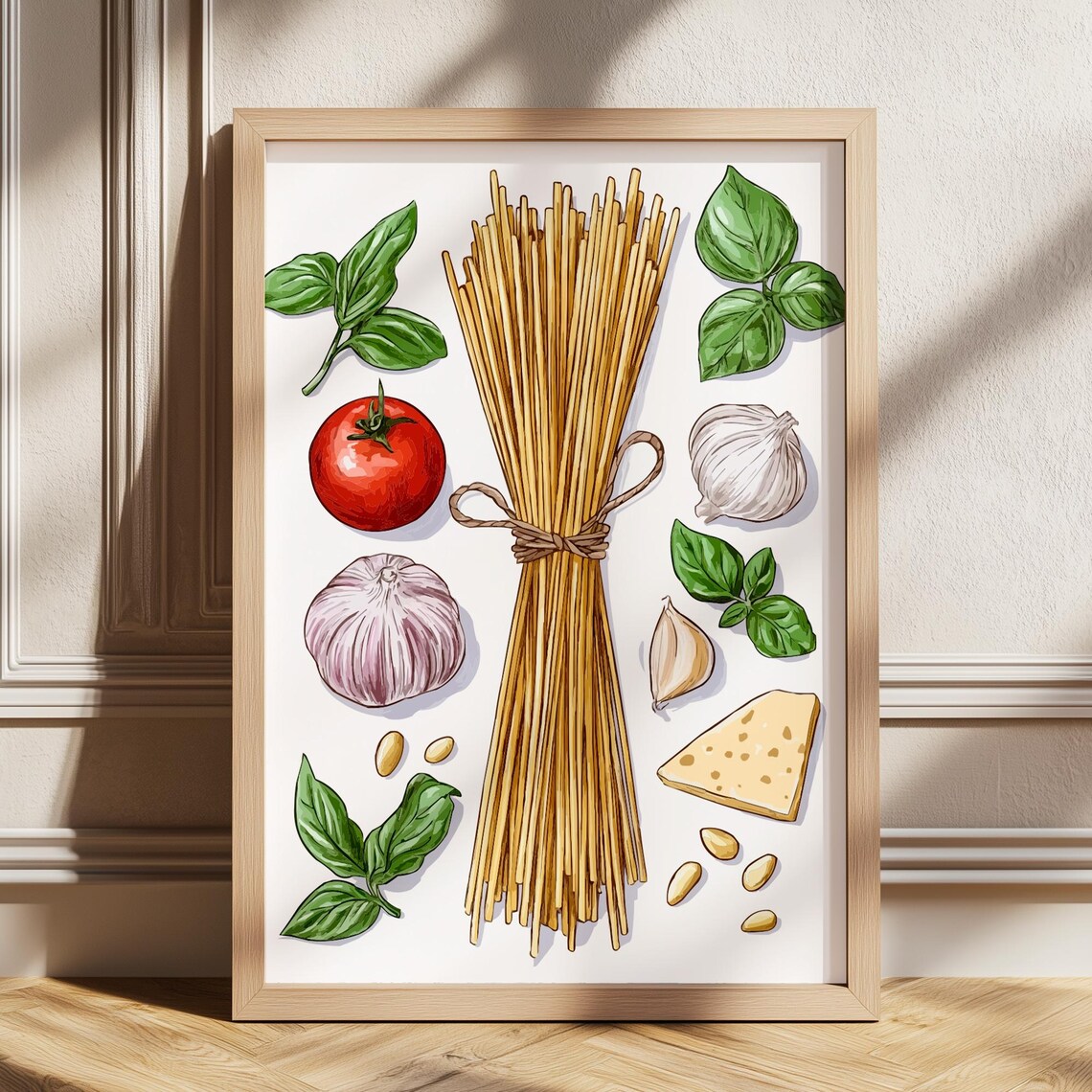 Pesto Pasta Ingredients Spaghetti Basil Illustration Kitchen Poster