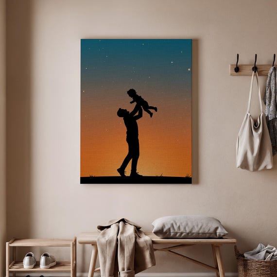 Father And Child Sunset Canvas Wall Art Silhouette Print Sentimental Gift For Dad Minimalist Family Decor Fathers Day