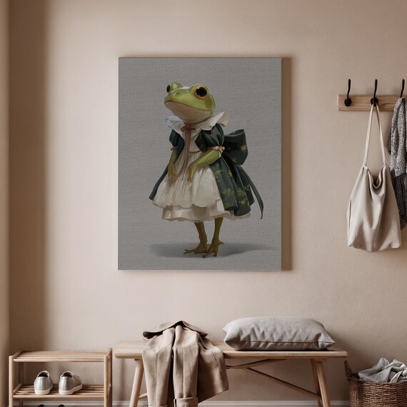 Frog in Elegant Dress Quirky Animal Portrait Whimsical Art Poster