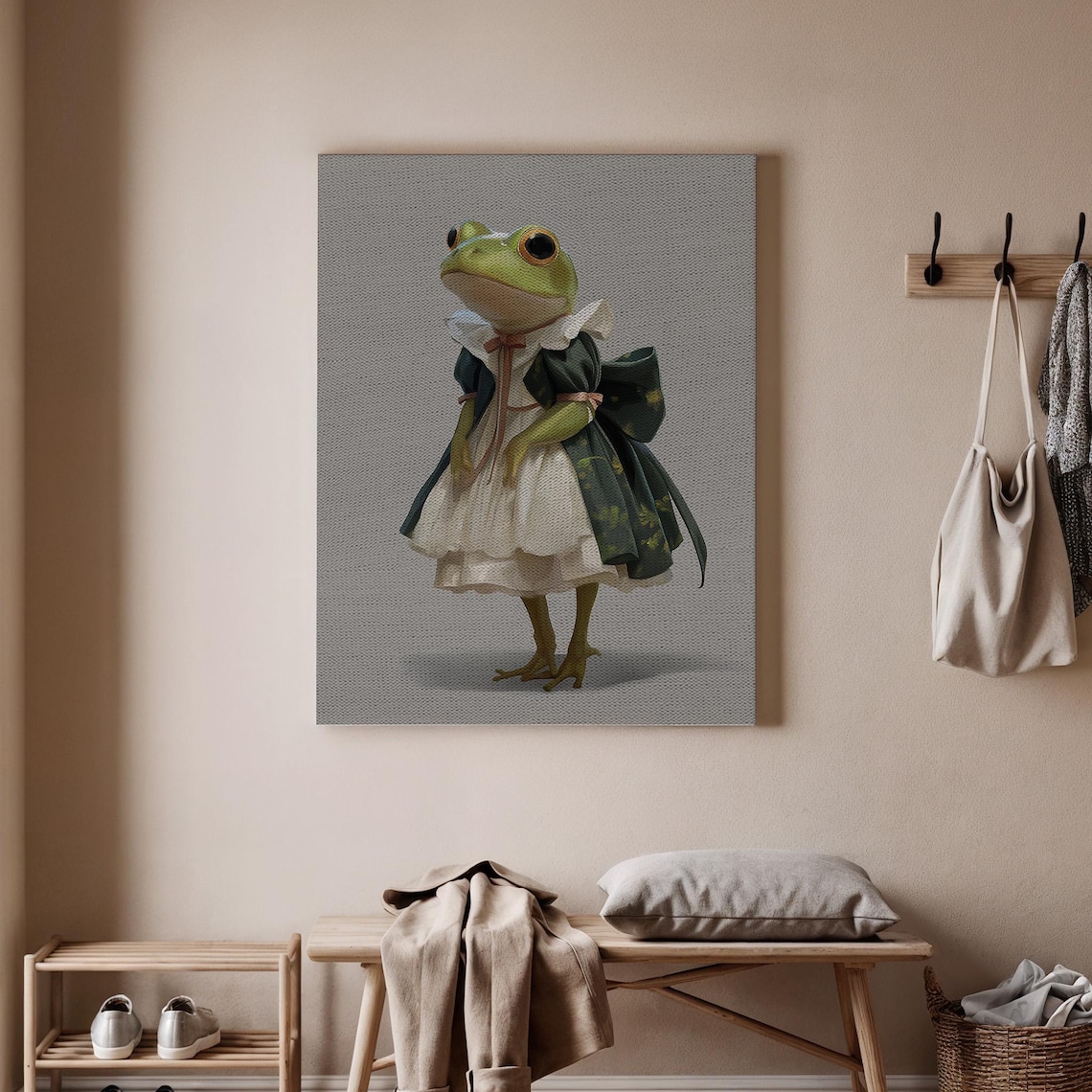 Frog in Elegant Dress Quirky Animal Portrait Whimsical Art Poster
