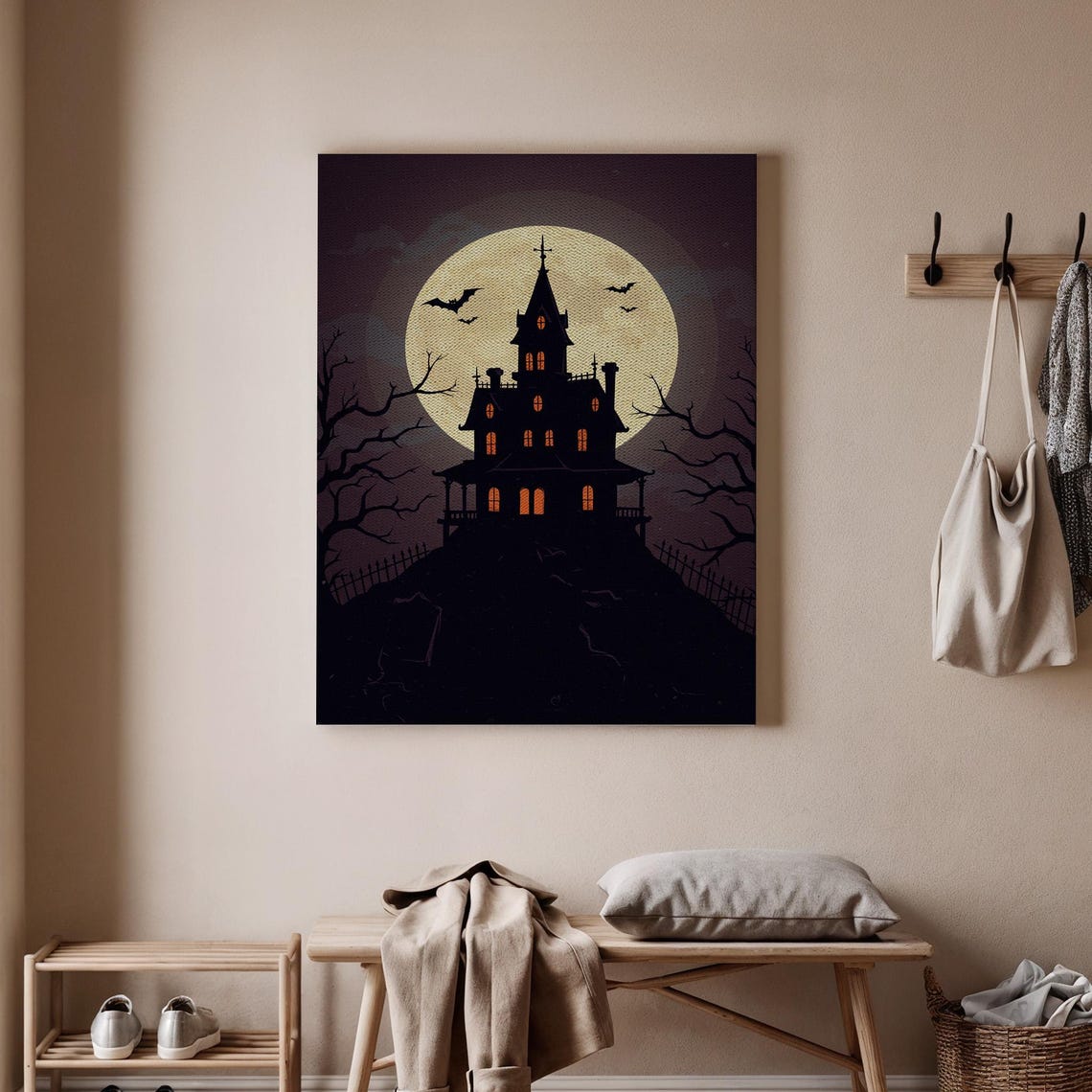 Haunted House Halloween Canvas Wall Art Spooky Mansion And Full Moon Decor Eerie Hill Scene For Home