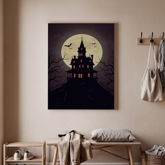Haunted House Halloween Canvas Wall Art Spooky Mansion And Full Moon Decor Eerie Hill Scene For Home