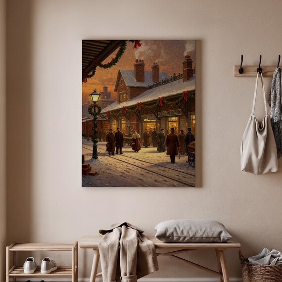Victorian Christmas Street Scene Snowy Evening Old Town Poster
