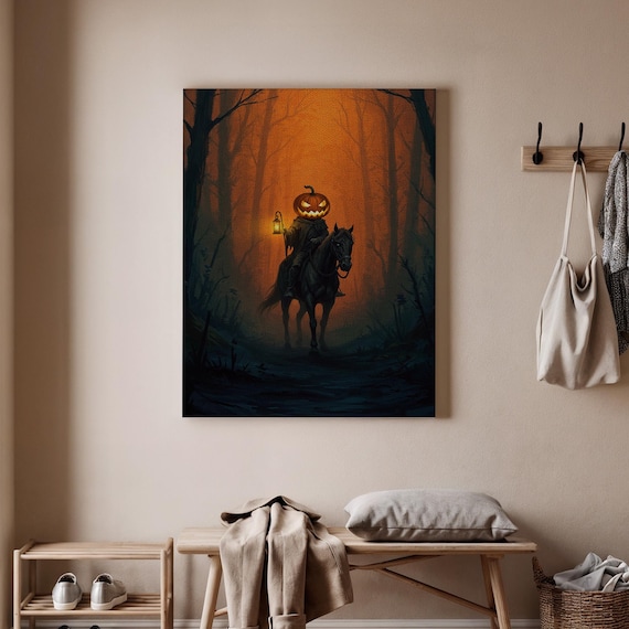 Headless Horseman Halloween Canvas Art Pumpkin Rider In Dark Forest Spooky Lantern Wall Decor Haunted Night Print