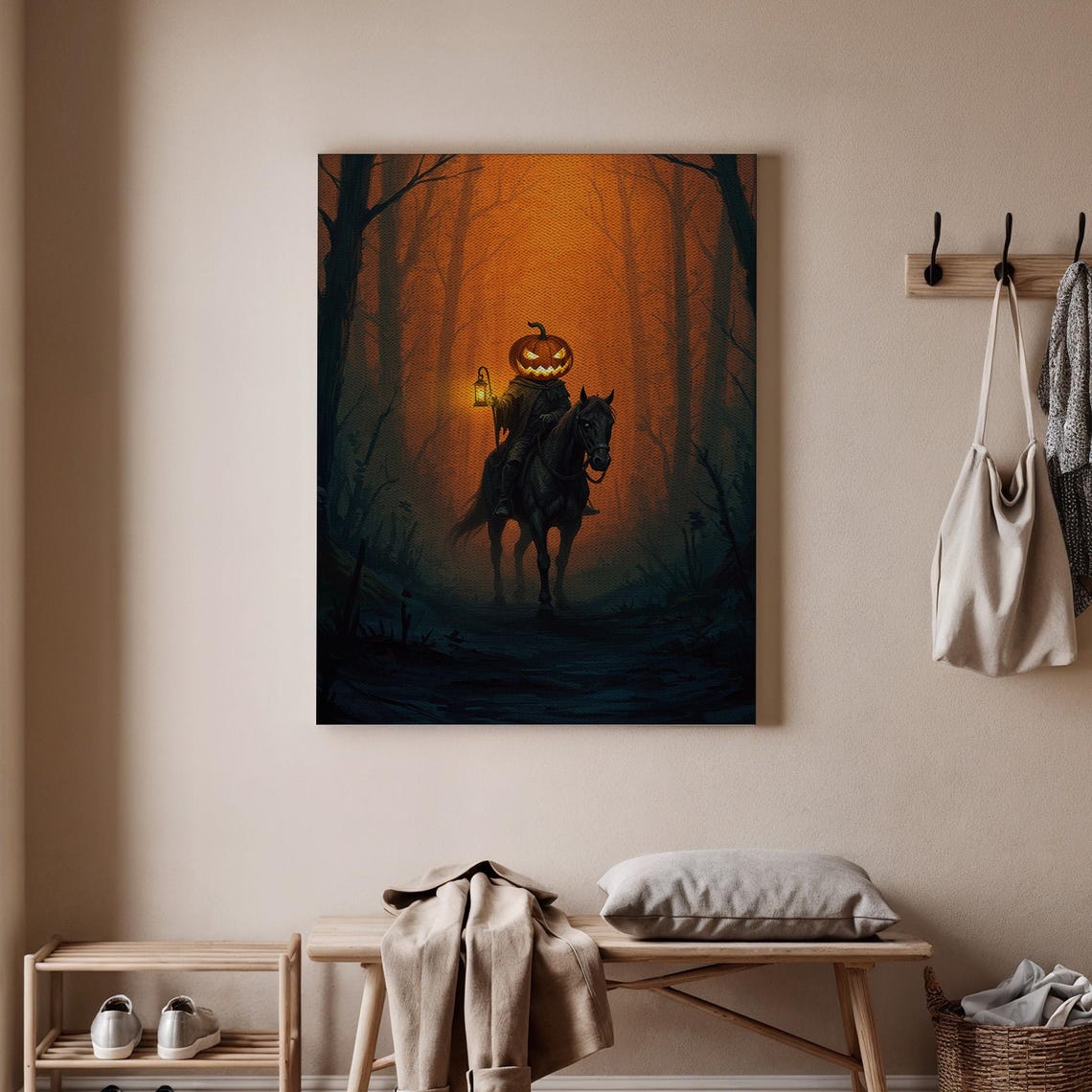 Pumpkin Head Horseman Riding Black Horse Lantern Misty Forest Poster