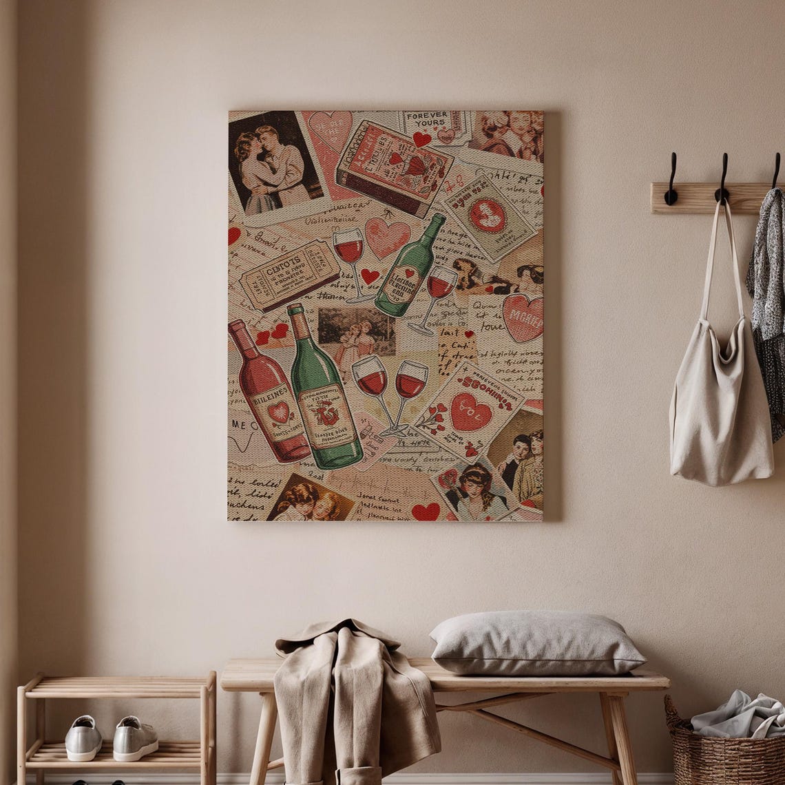 Romantic Wine Collage Vintage Bottles Hearts Date Night Wall Poster