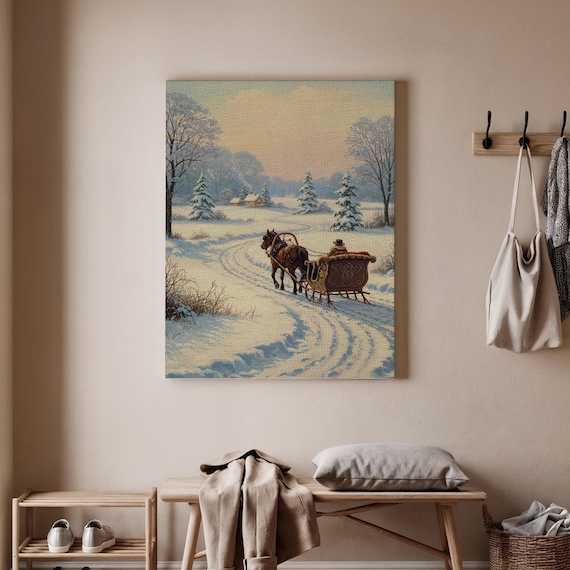 Vintage Horse Sleigh Ride Winter Snow Landscape Christmas Print