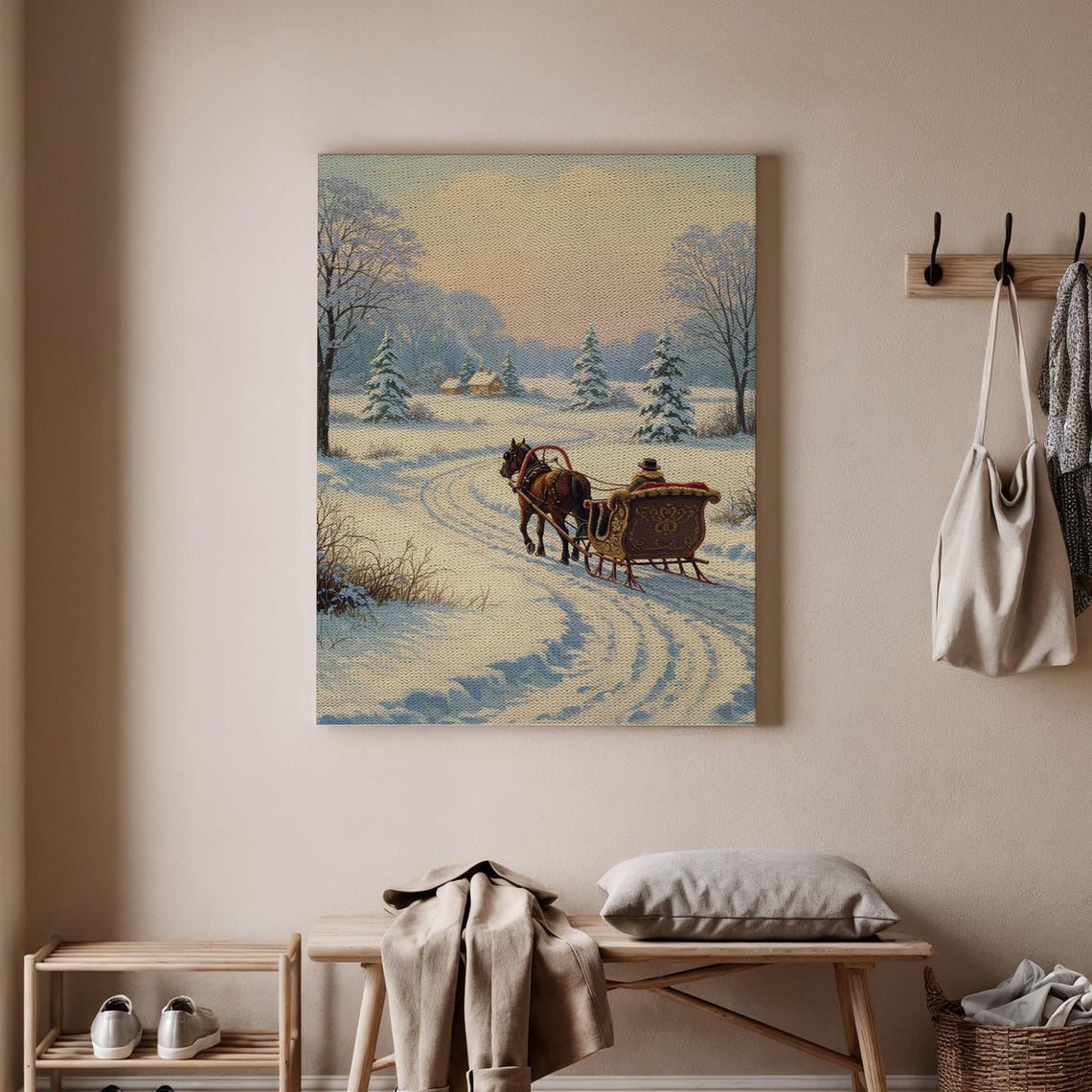 Vintage Horse Sleigh Ride Winter Snow Landscape Christmas Print