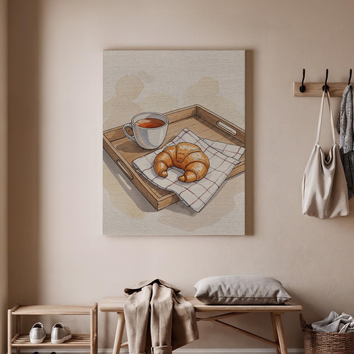 Cozy Breakfast Croissant and Coffee on Wooden Tray Rustic Morning Kitchen Print