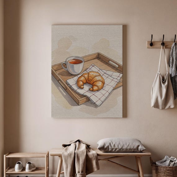 Breakfast Art Print Croissant And Coffee Poster Cozy Kitchen Wall Rustic Morning Canvas French Caf Decor Home
