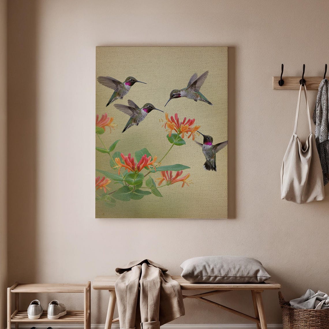 Colorful Hummingbirds Honeysuckle Flowers Nature Bird Art Poster