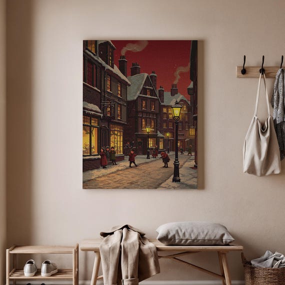 Christmas Victorian Street Canvas Wall Art Festive Holiday Town Scene Print Vintage Winter Village Illustration Seasonal Home Decor