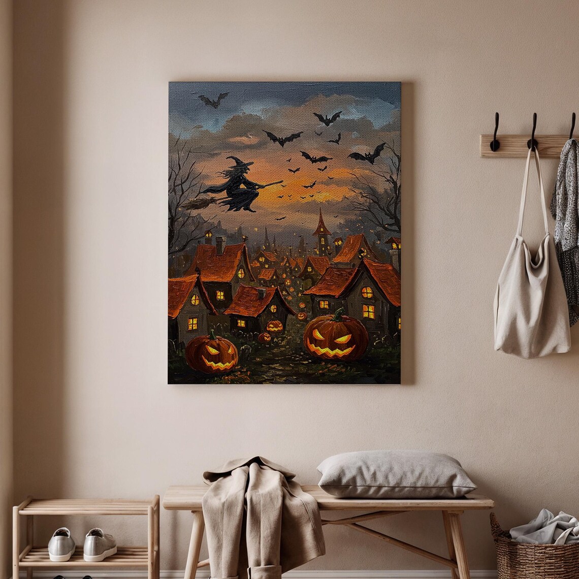 Halloween Witch Flying Canvas Art Spooky Village With Pumpkins And Bats Haunted Town Wall Decor On Broom Print