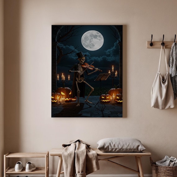 Skeleton Playing Violin Halloween Canvas Wall Art Spooky Musician Full Moon Haunted Pumpkin Night Scene Gothic Decor