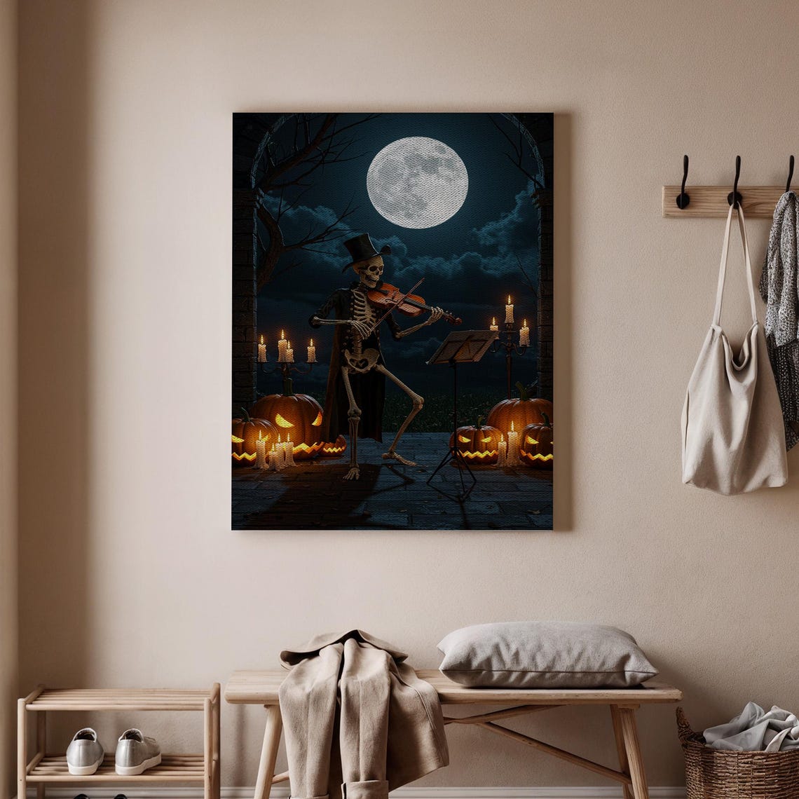Skeleton Playing Violin Halloween Canvas Wall Art Spooky Musician Full Moon Haunted Pumpkin Night Scene Gothic Decor