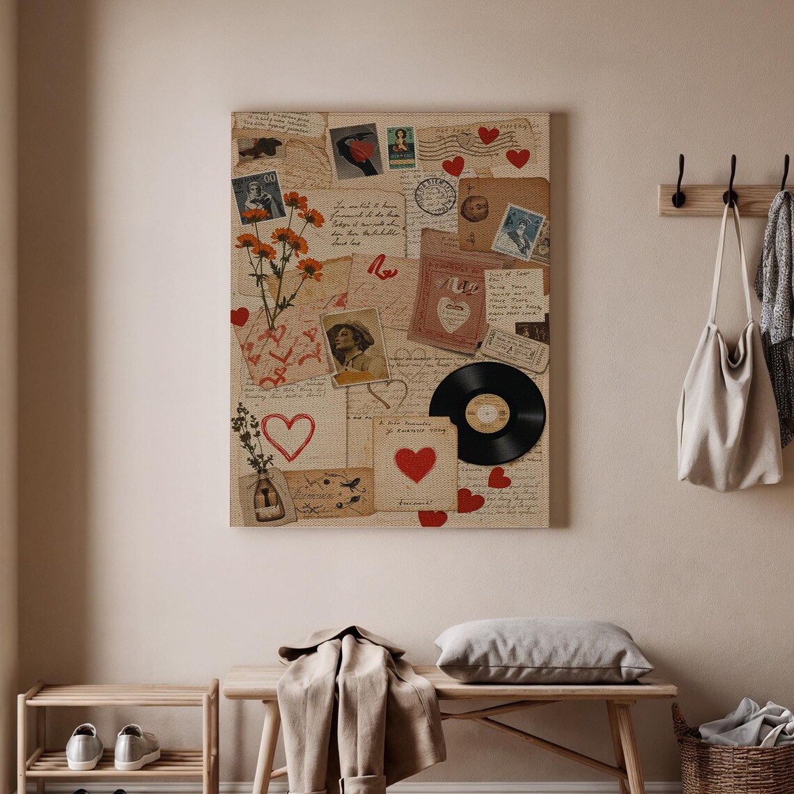 Vintage Love Letter Collage Old Stamps Postcards Hearts Wall Poster
