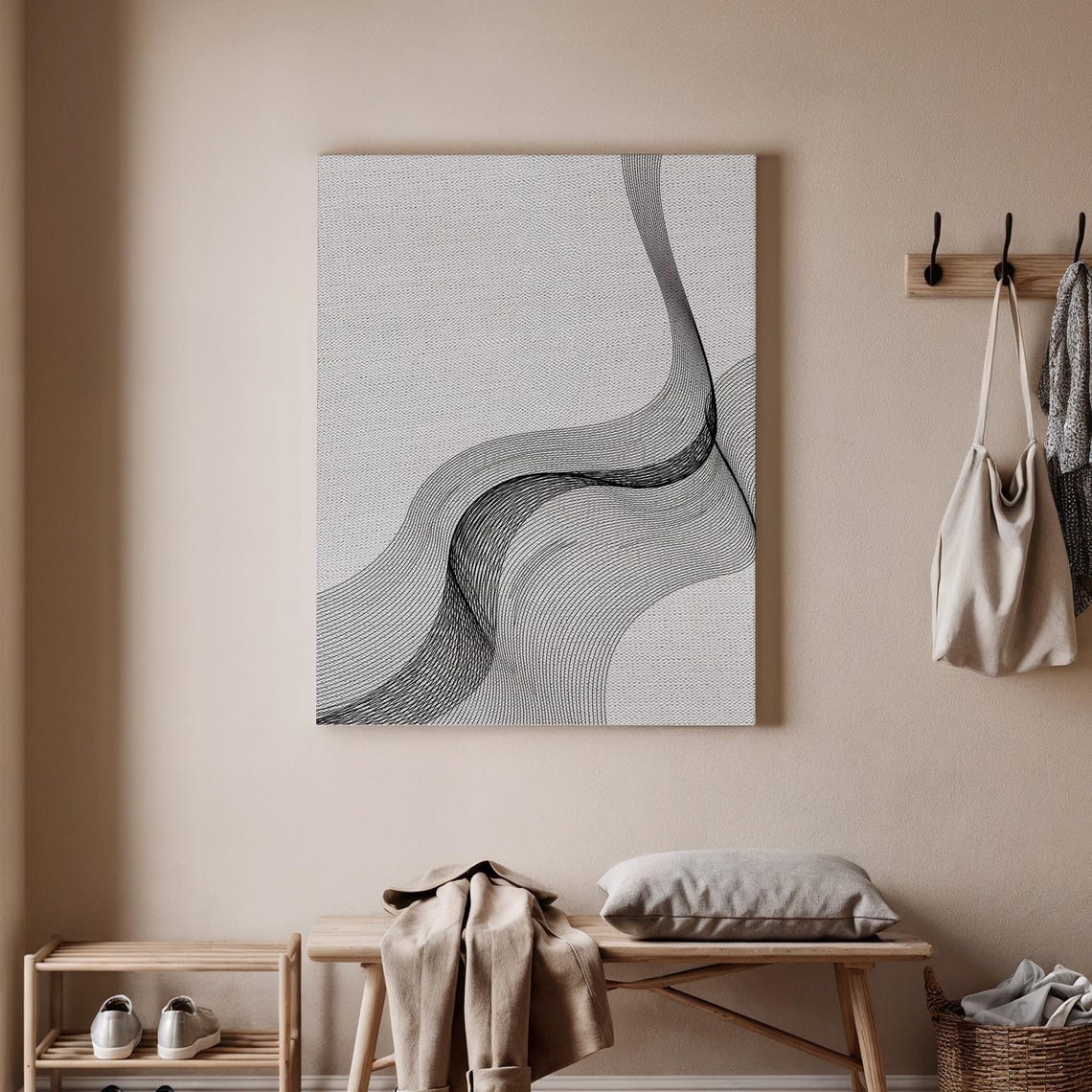 Abstract Black And White Line Art Canvas Minimalist Curves Waves Illustration Modern Wall Decor For Living Room Or Office