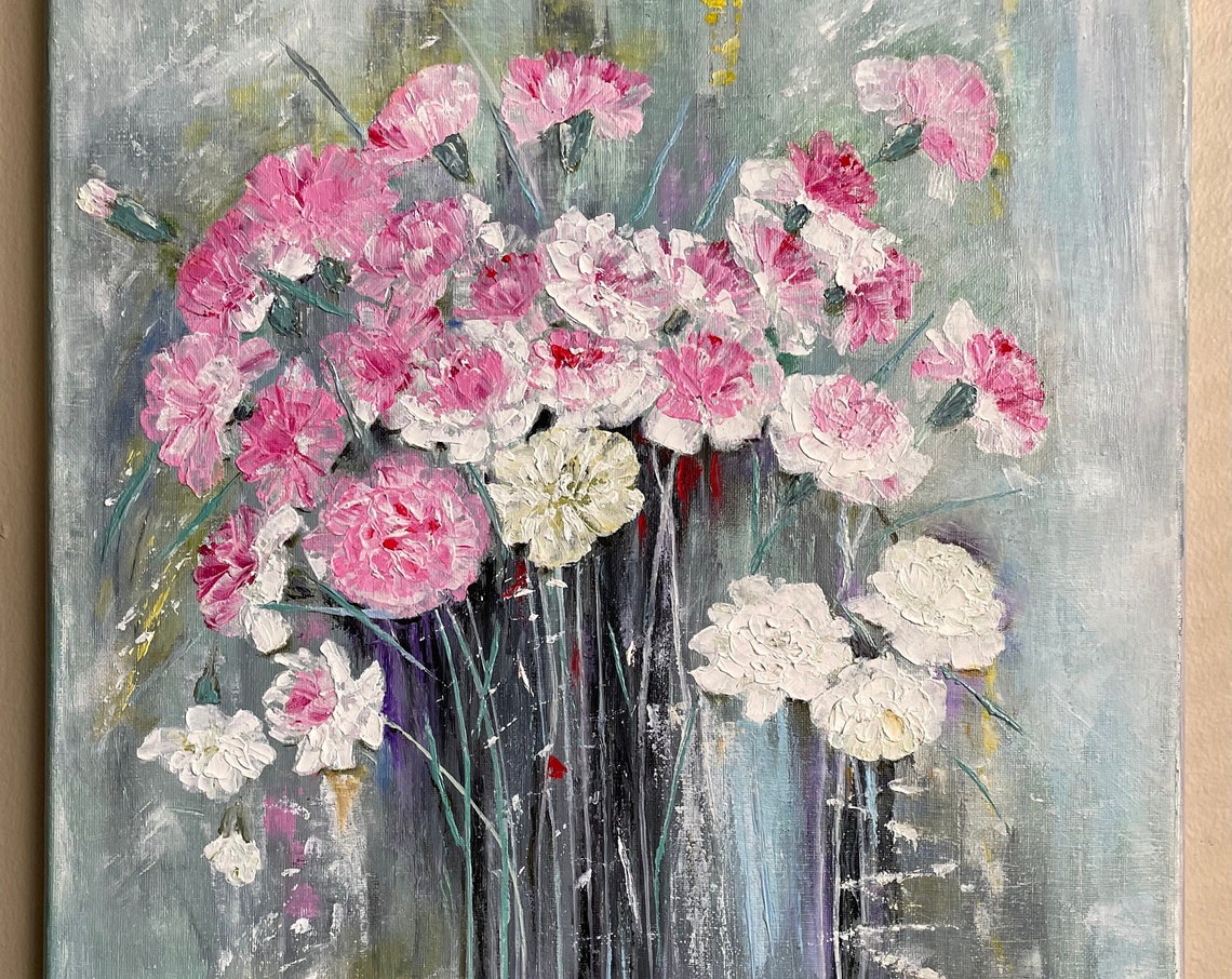 Pink White Carnations Soft Gray Abstract Contemporary Floral Poster