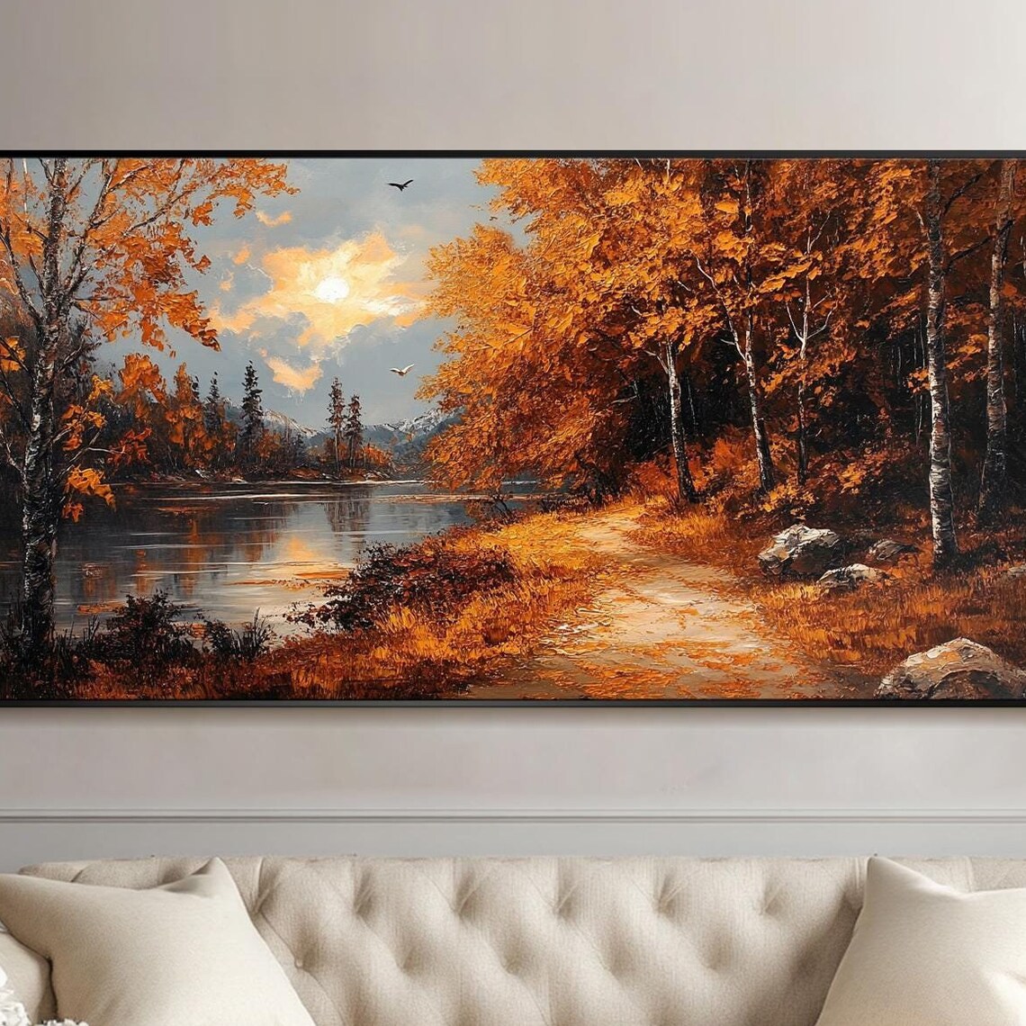 Autumn Forest Lake Sunset Golden Birch Trees Oil Painting Landscape - Image 4