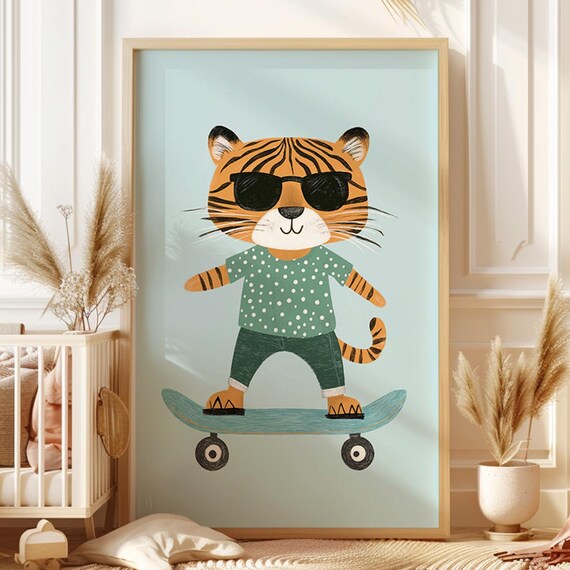 Skateboarding Tiger Print For Kids Room Modern Nursery Wall Art Playful Animal Boys Decor Playroom Childrens
