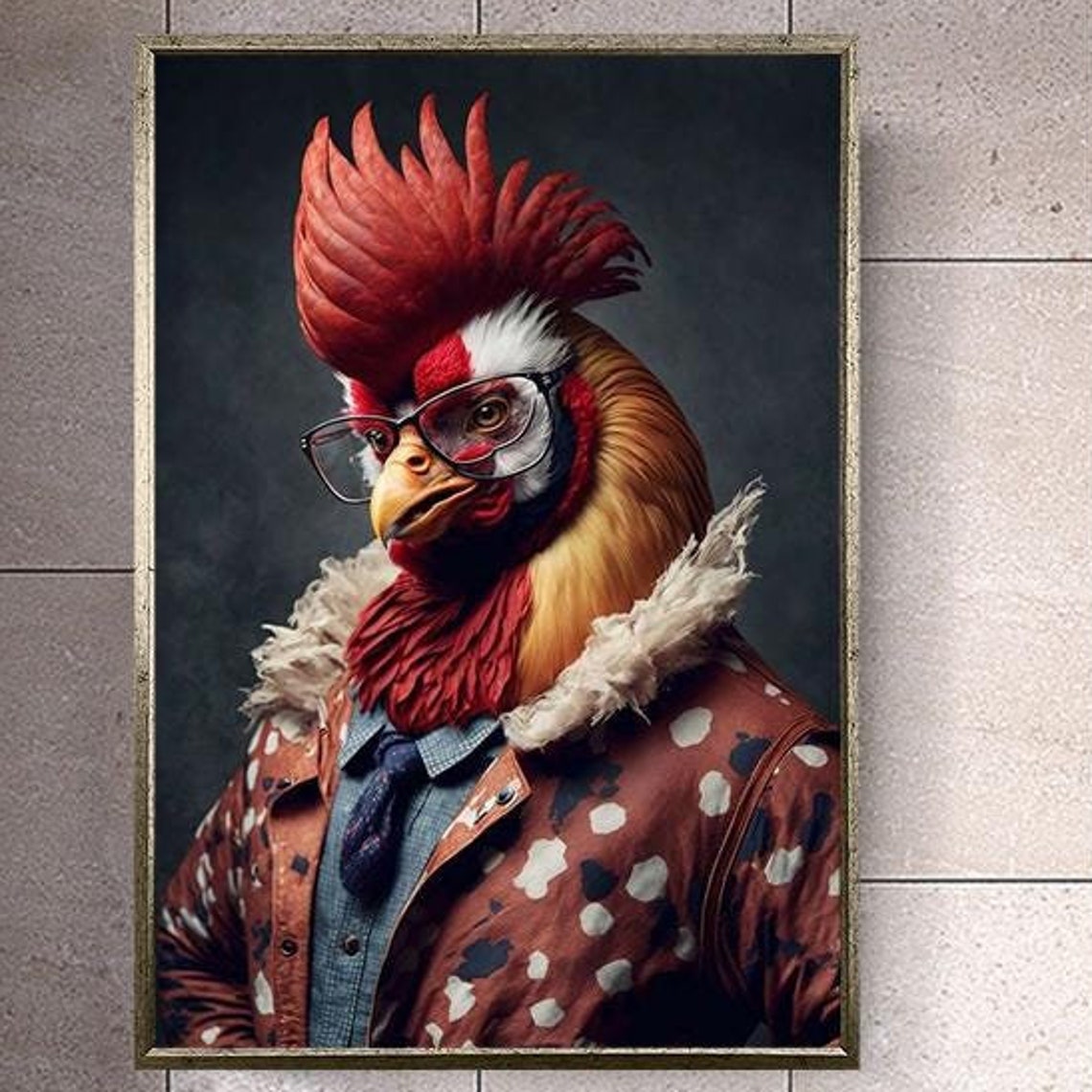 Dapper Rooster Wearing Glasses Suit Jacket Quirky Portrait Poster