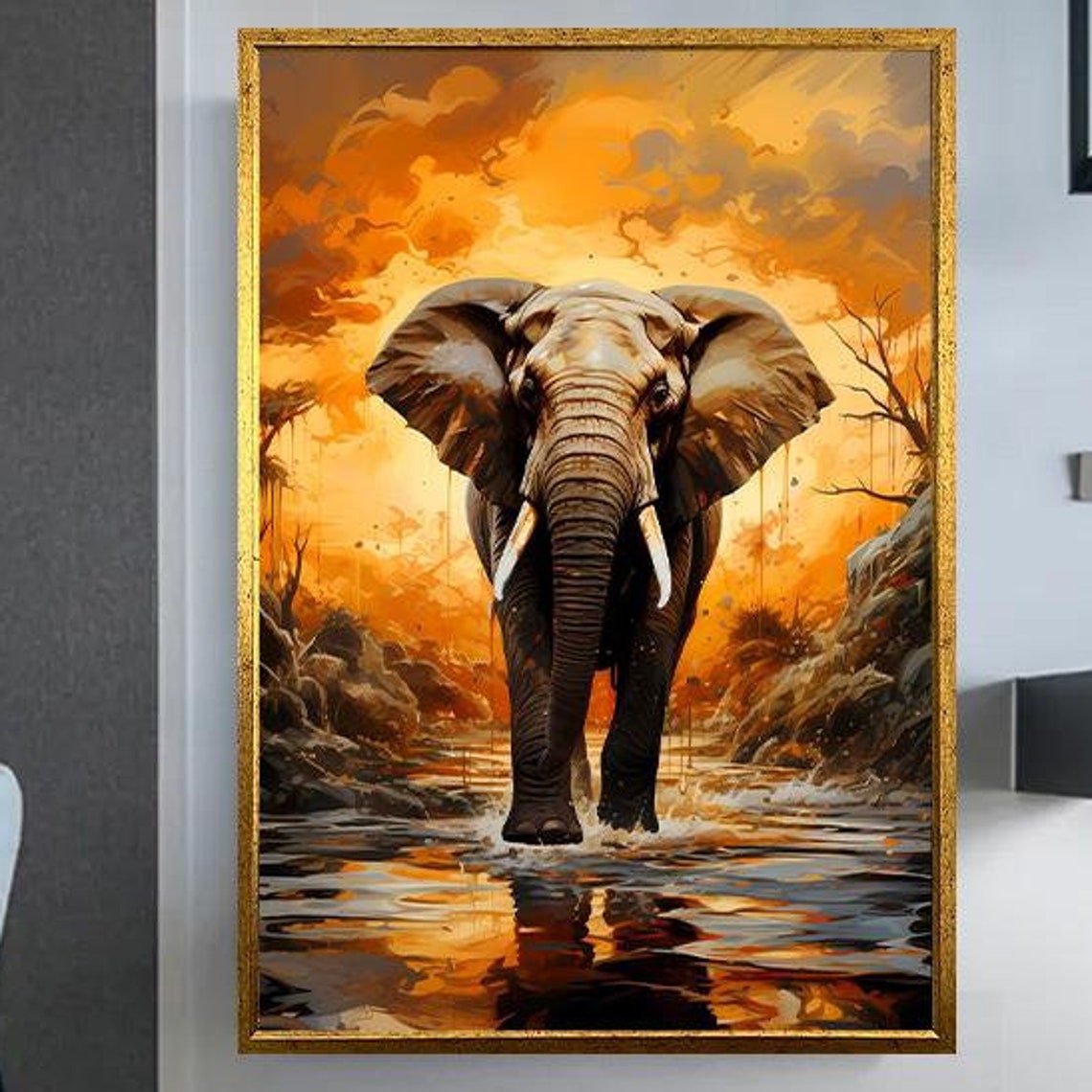 Majestic Elephant Walking Through Golden Sunset Water Wildlife Poster