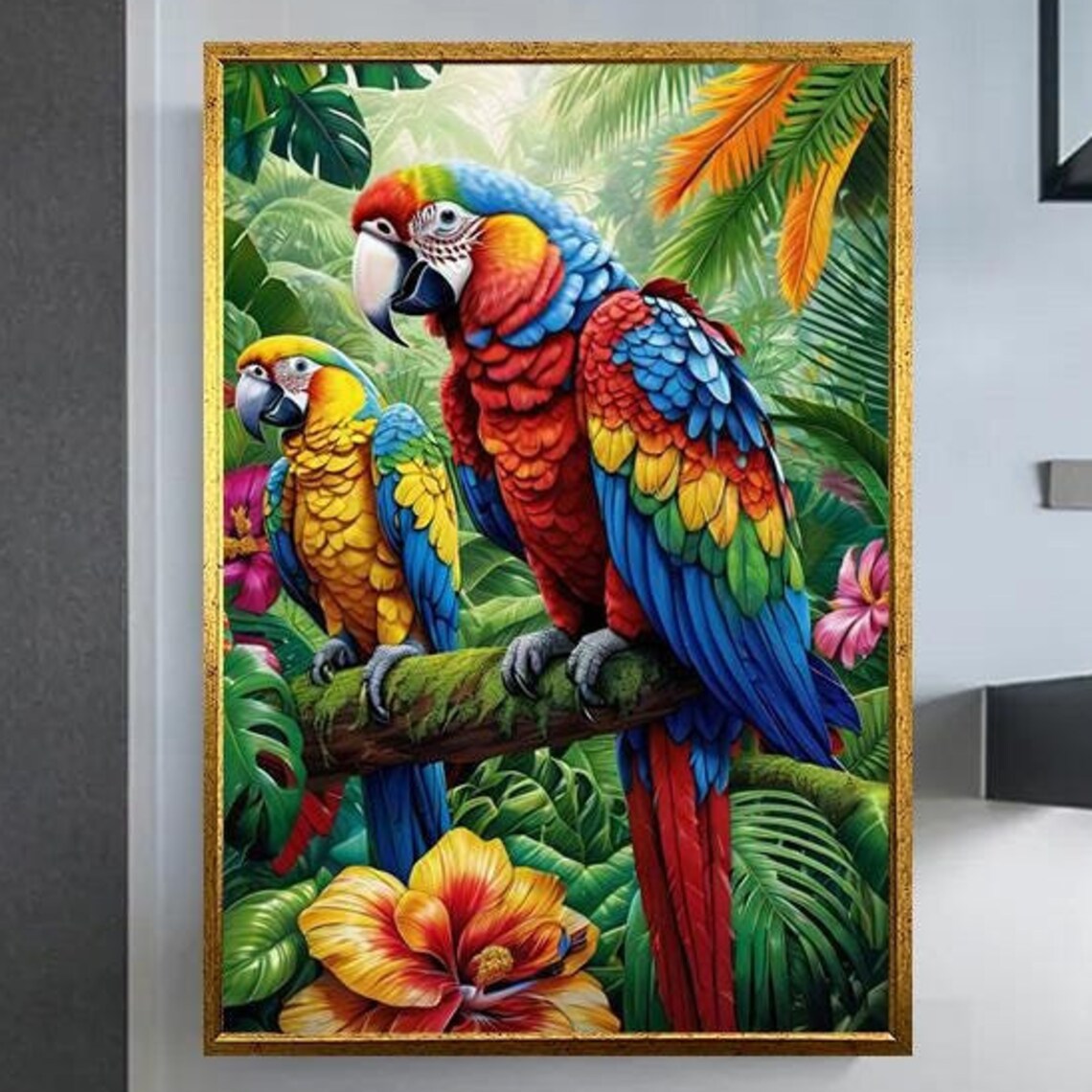 Scarlet Macaw Pair Perched On Branch Tropical Jungle Parrot Art Poster