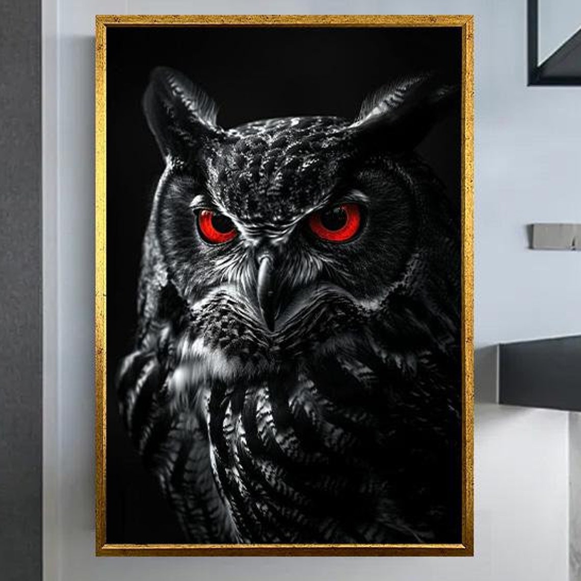 Black Owl With Piercing Red Eyes Dark Dramatic Wildlife Print