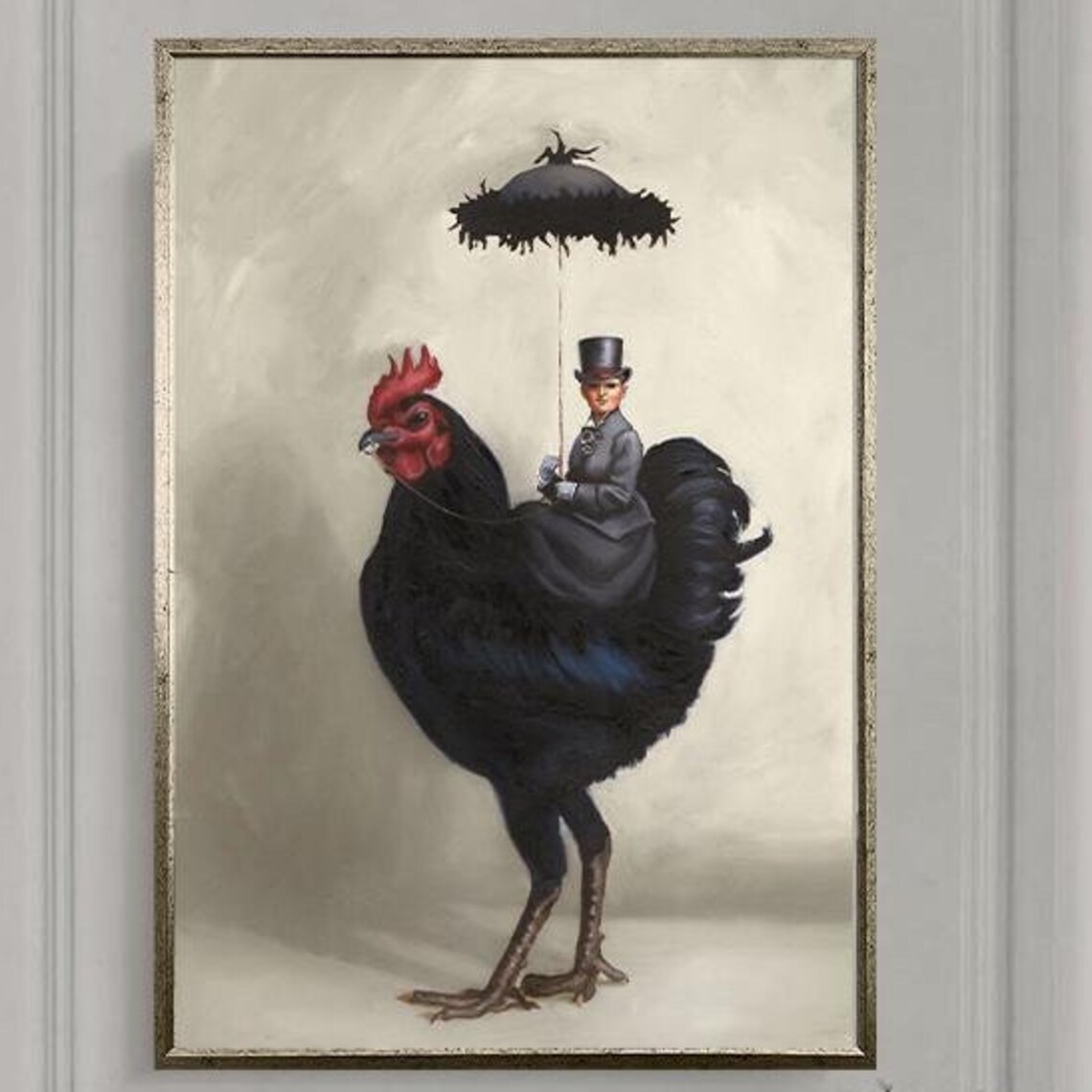 Victorian Woman Calmly Riding a Giant Black Rooster Art Poster