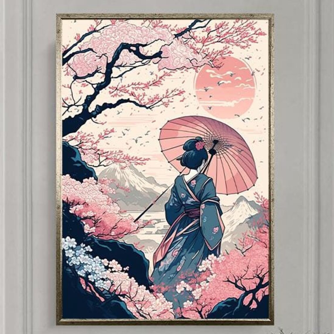 Geisha With Parasol Among Cherry Blossoms Mount Fuji Japan Art Poster