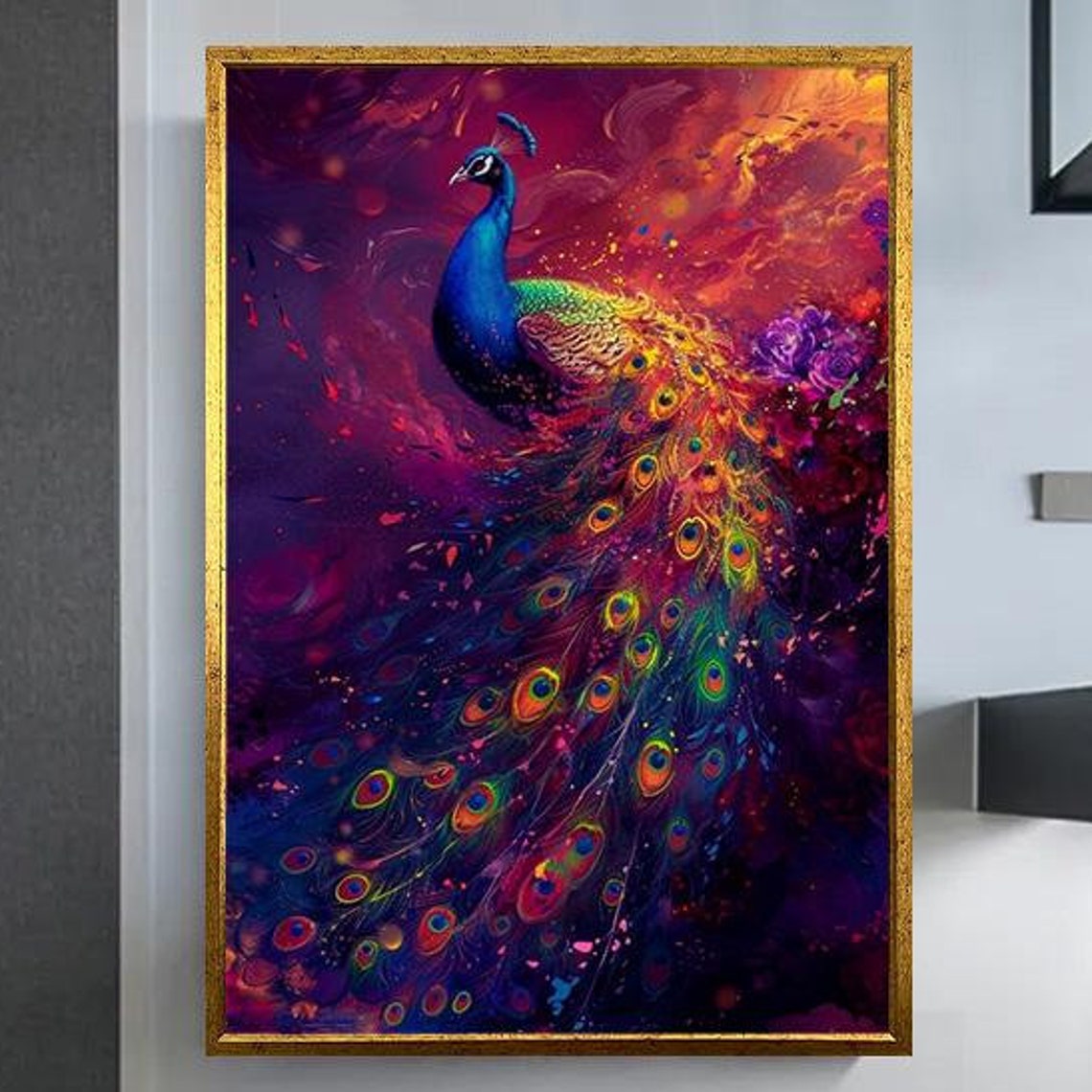 Vibrant Peacock Unfurling Tail Against Magenta Sunset Art Poster