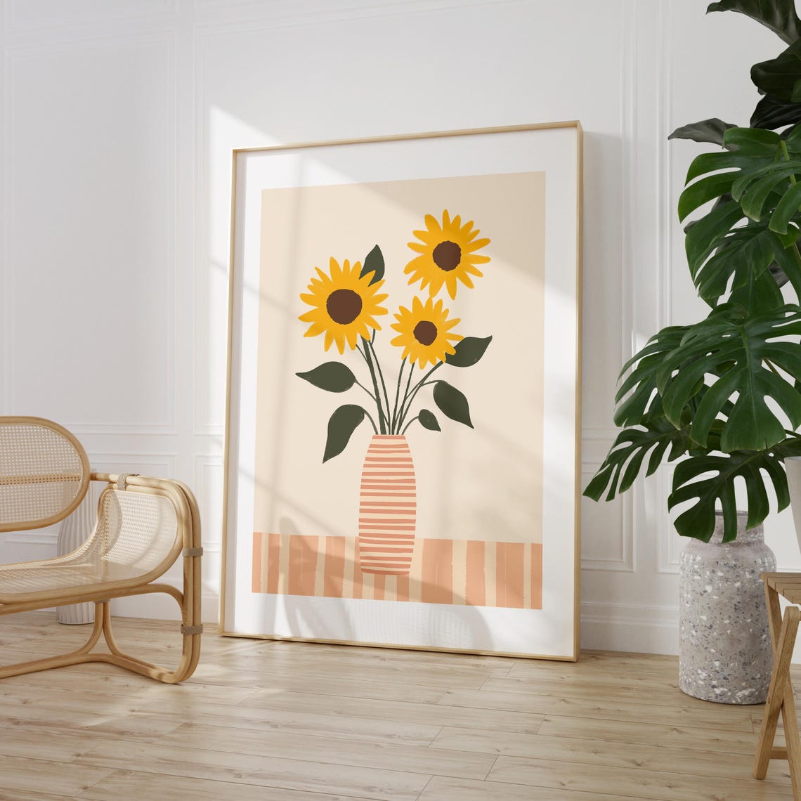 Yellow Sunflowers in Striped Vase Minimalist Botanical Art Poster - Image 4