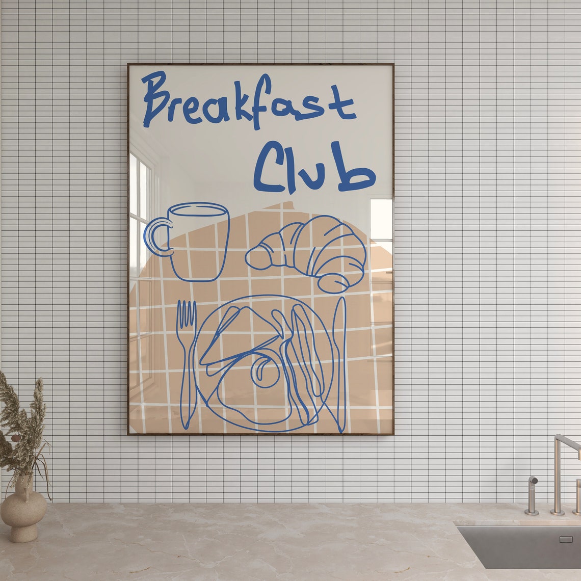 Breakfast Club Blue Line Art Croissant Coffee Morning Poster