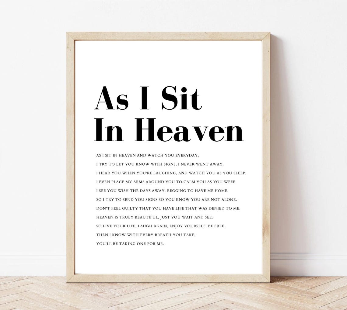 As I Sit In Heaven Memorial Poem Sympathy Remembrance Wall Art