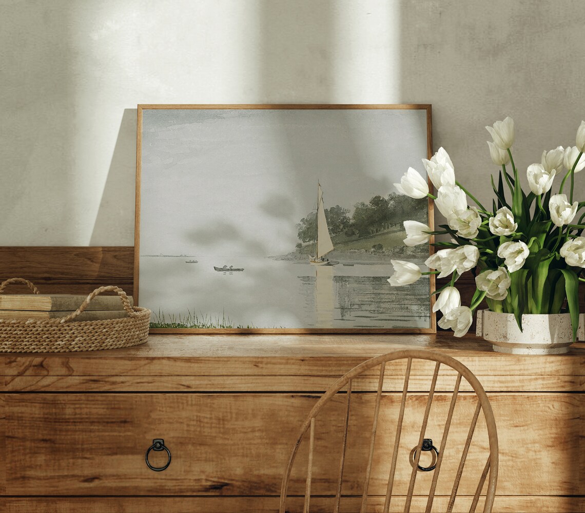 Misty Lake Sailboat Wooded Shoreline Vintage Coastal Art Poster - Image 4
