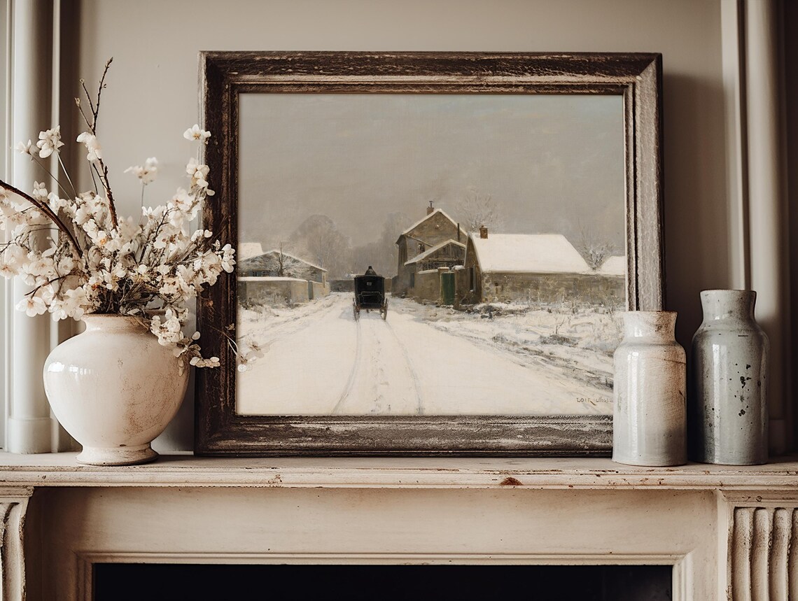 Snowy Village Street Horse Carriage Winter Vintage Oil Painting Poster - Image 5