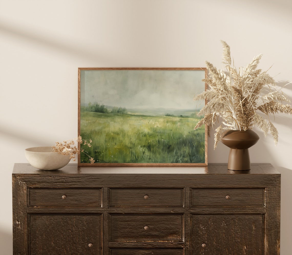 Misty Green Meadow Wildflowers Soft Fog Spring Vintage Art Print - Image 3