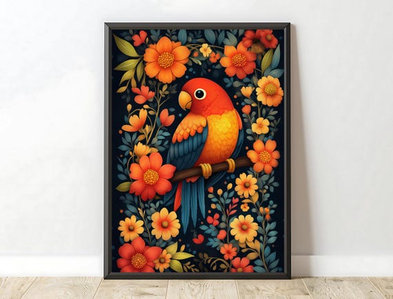 Maximalist Large Bird Wall Art Colorful Retro Print For Trendy Room Decor Bold Gift For Girlfriend Bird