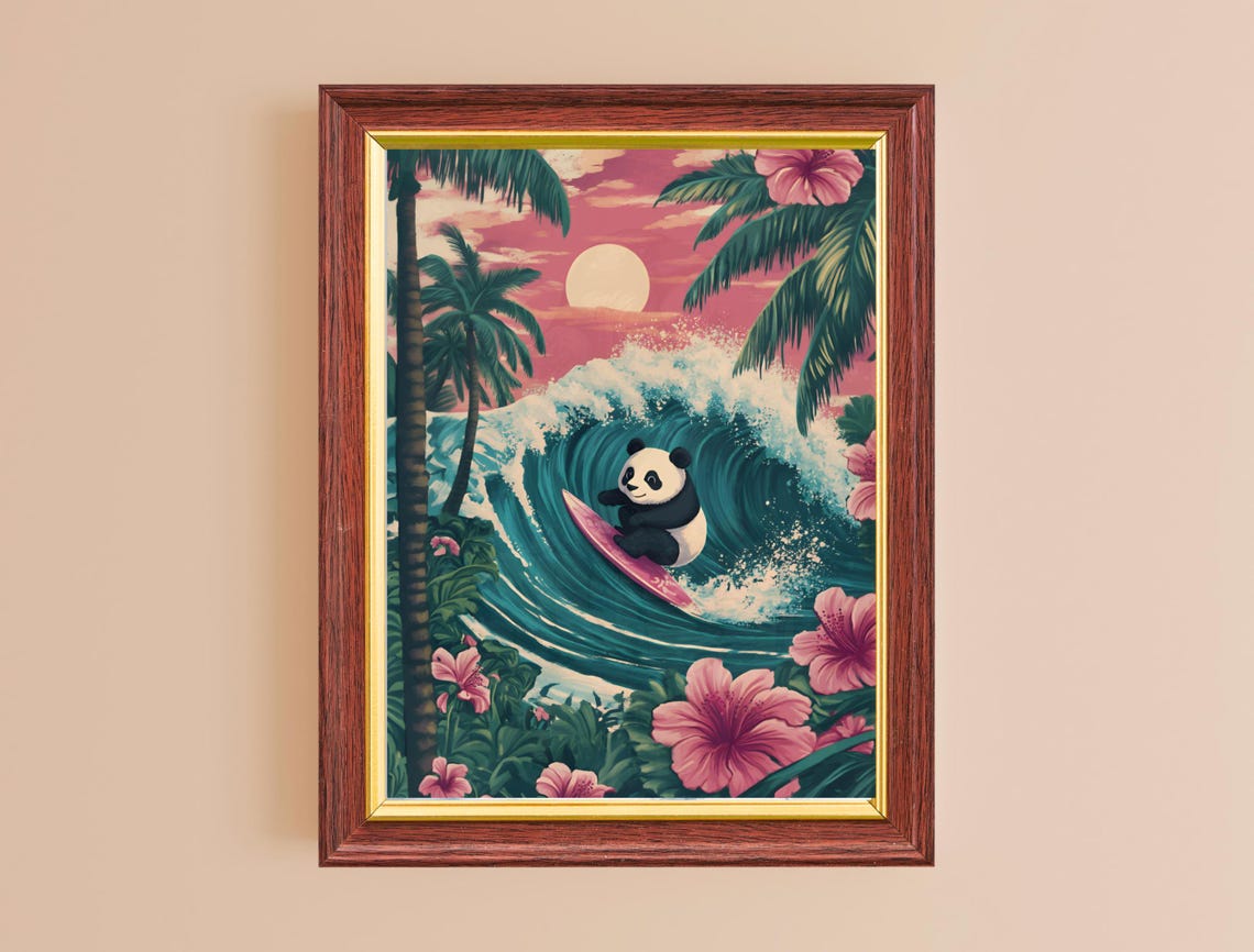 Surfing Panda Tropical Wave Pink Sunset Palm Tree Fun Poster