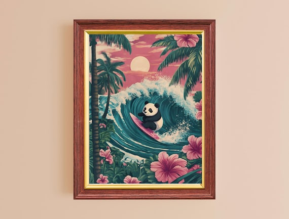Surfing Panda Tropical Wave Pink Sunset Palm Tree Fun Poster