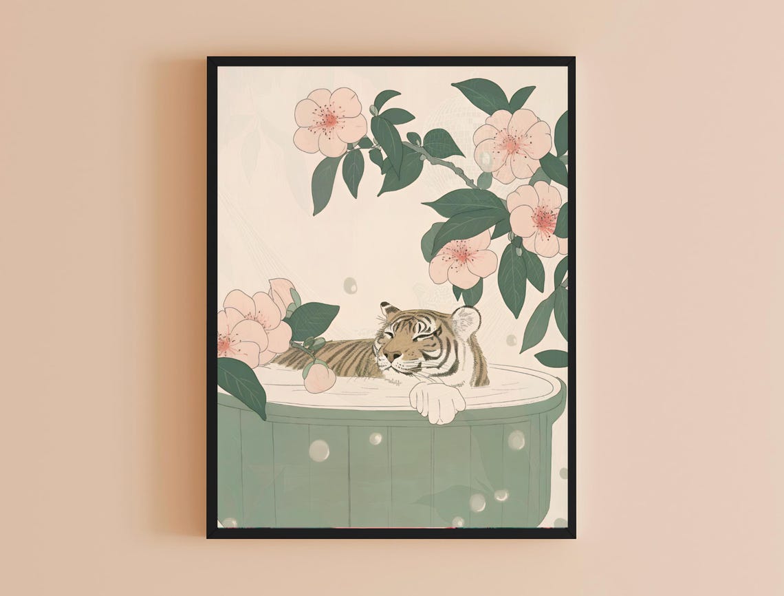 Sleepy Tiger Cub Bathing Cherry Blossoms Minimalist Japanese Wall Art - Image 4
