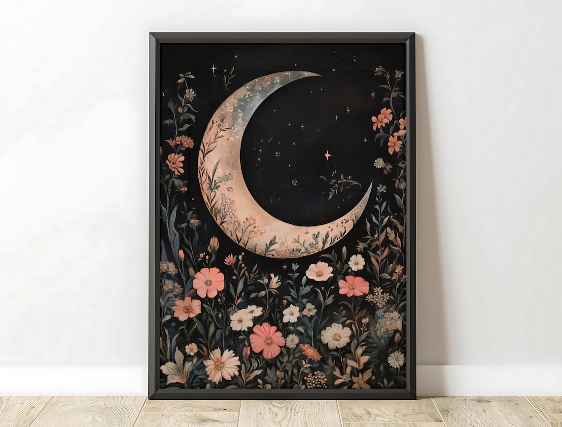 Crescent Moon Pink Wildflowers Starry Night Moody Botanical Wall Art - Image 6