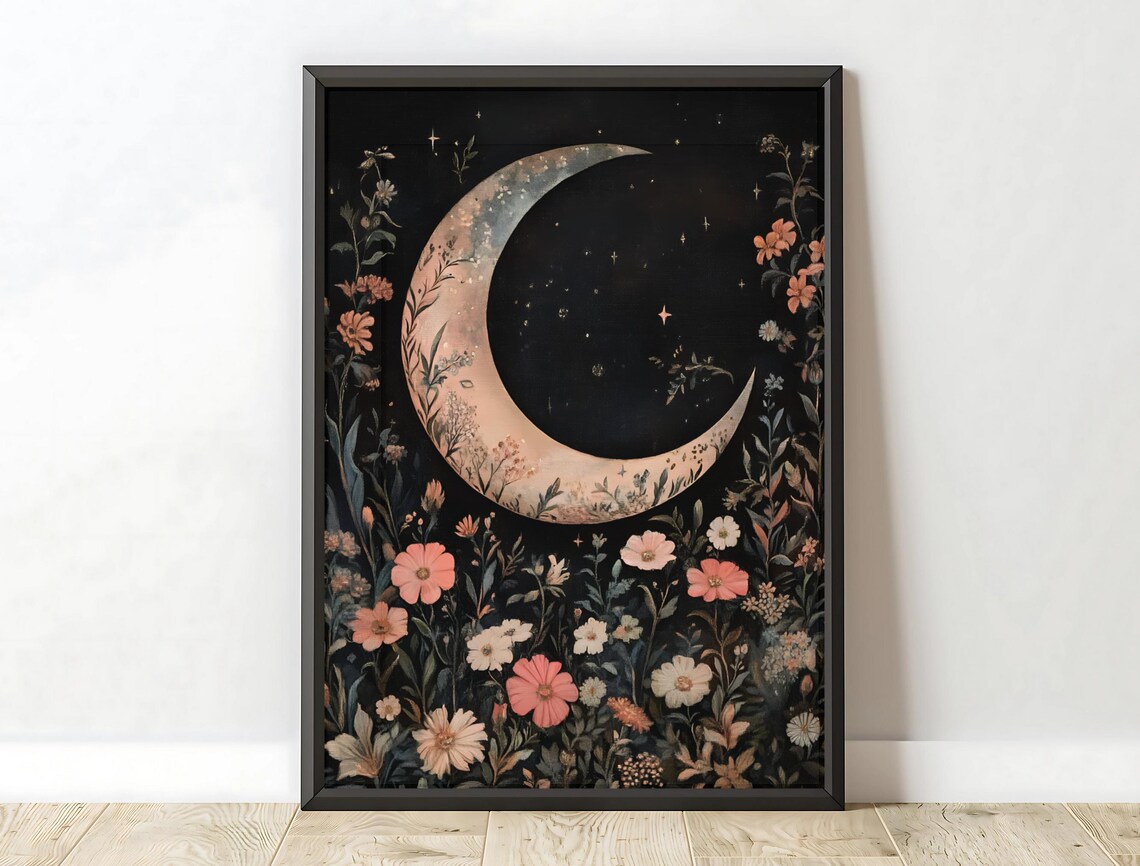 Crescent Moon Wildflower Meadow Dark Celestial Floral Art Print
