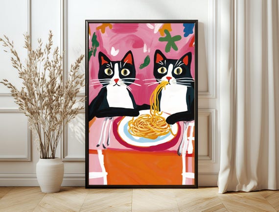Cat Eating Spaghetti Print Cute Quirky Cat Art Retro Foodie Kitchen Wall Art Colorful Bistro Decor Pasta Poster